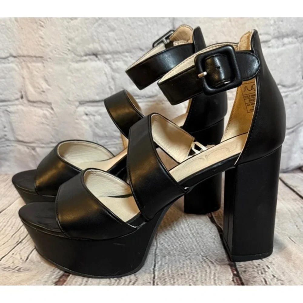 Sugar Baddie Black Platform Block Heel Sandals‎ Ankle Strap Womens 6.5M